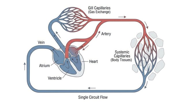 Biological diagram illustrating single circuit blood flow inside vertebrate heart anatomy.