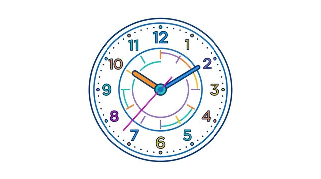 Stylized round clock face with colorful markers indicating hours and time passing visual.