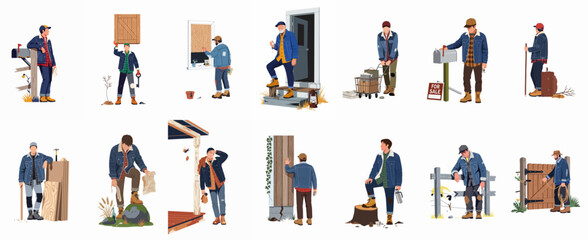 A collection of character illustrations featuring men in rural, working-class settings, depicting themes of labor, travel, and everyday life in the countryside. © Telu