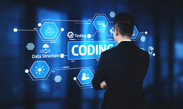 A businessman stands before a digital coding interface, analyzing various technology concepts such as data structure and testing in a modern workspace. Tessel