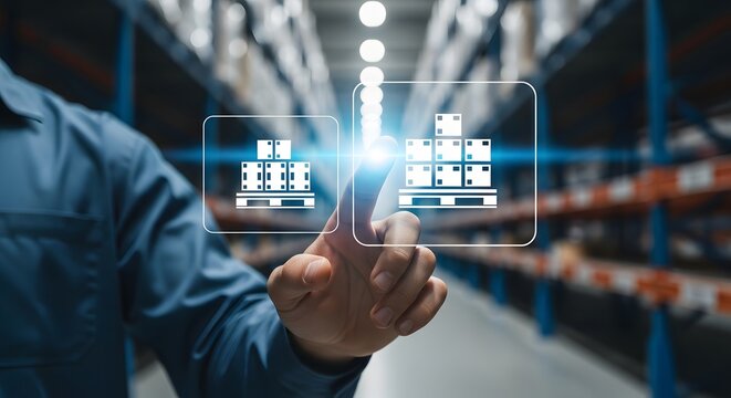 Logistics manager using digital interface to track inventory on pallet shelves in a modern automated warehouse
