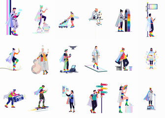 Fototapeta premium Collection of diverse futuristic LGBTQ+ characters in vibrant pride-themed outfits performing various activities, isolated on a white background.