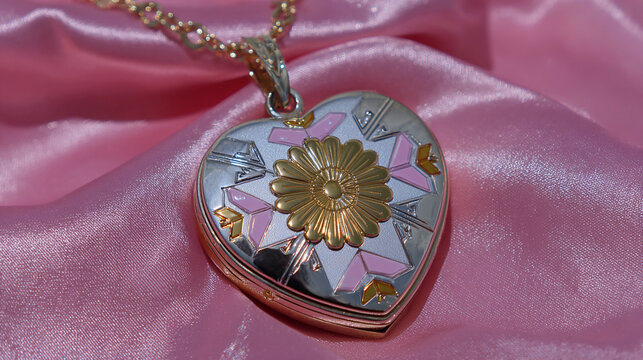 Heart locket open on pink satin with intricate design and floral detail Generative AI