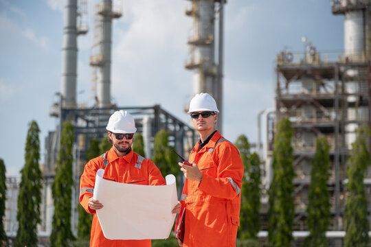 Refinery industry, engineer working in industrial production, oil and gas refinery plant industry factory.
