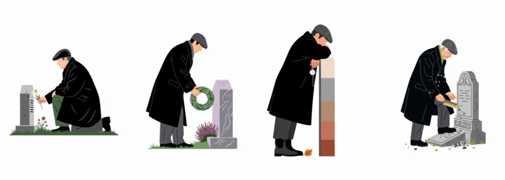 Set of illustrations depicting men in black coats mourning at a cemetery, placing flowers, a wreath, and cleaning a headstone in remembrance.
