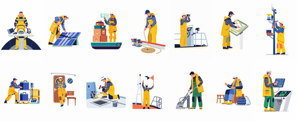 Fototapeta premium Flat vector illustration set of sailors and technicians performing various maritime, shipping, and offshore energy tasks on a vessel or platform.