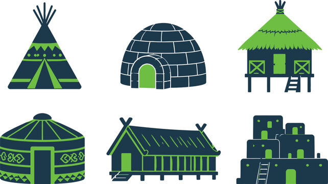 Minimalist vector illustration featuring various traditional world dwellings designed with a modern high contrast green and dark blue color palette