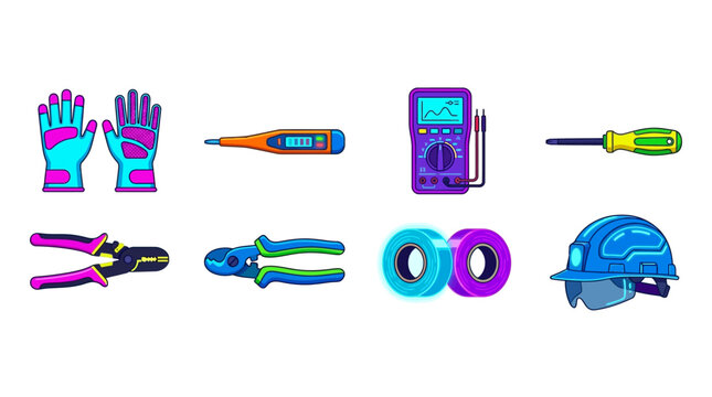 Colorful tools and equipment for construction, repair, or DIY projects including gloves, screwdriver, pliers, helmet, tape, and electrical tester in vibrant digital illustration