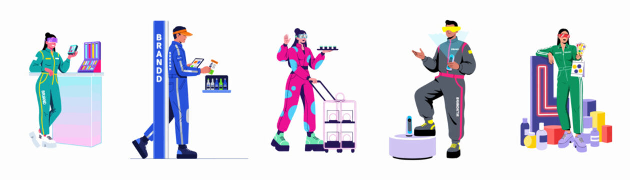 Set of flat illustrations depicting futuristic retail brand ambassadors and promotional staff wearing jumpsuits and high-tech visors with various products.