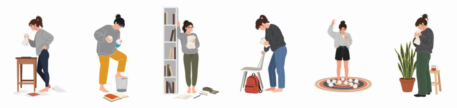 Collection of illustrations depicting a young woman struggling with stress, frustration, and burnout during her studies or work at home.