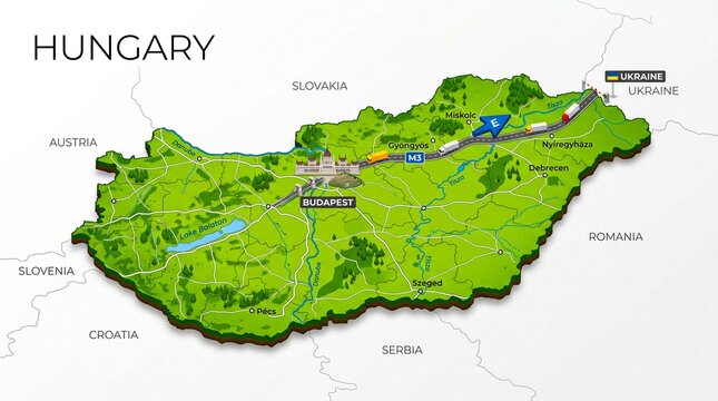 3D isometric map of Hungary with cities and transport