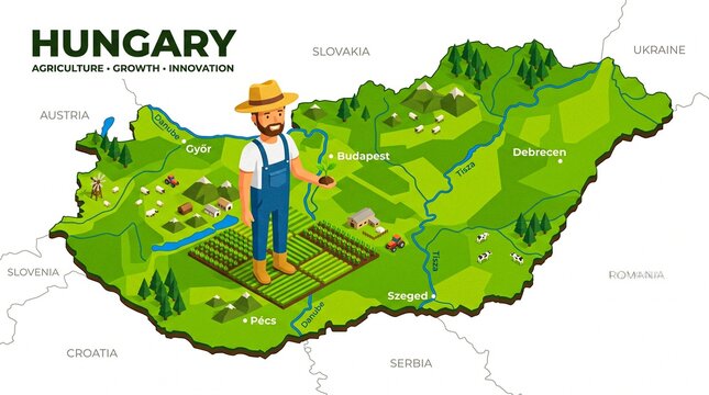 Detailed isometric map of Hungary's thriving agricultural sector