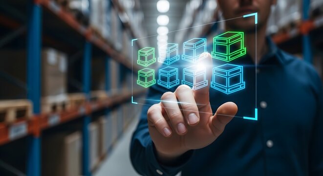 Digital Inventory Control System with 3D Shipping Boxes in a Modern Smart Warehouse for Logistics Management