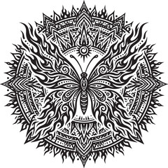 Fototapeta premium Intricate black and white mandala featuring a central butterfly silhouette with flame-like wings on a solid white background