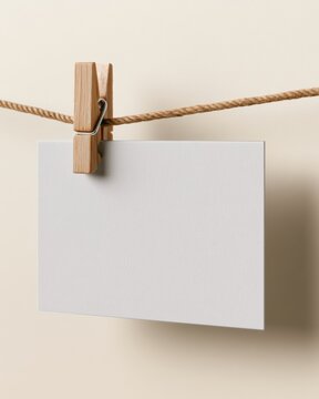 Blank card is held by wooden clothespin on string in studio setting with cream backdrop showing minimal design for banking concept