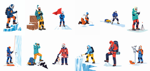 Flat illustration set of polar explorers and scientists performing various activities in extreme arctic conditions like ice climbing, fishing, and research. © Songo