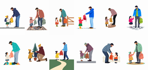 Fototapeta premium Set of Flat Illustrations Depicting a Father Helping His Young Daughter with Her Backpack for School in Various Seasonal Scenes
