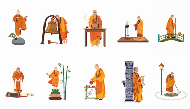 Illustrative set of Buddhist monks in saffron robes engaged in traditional daily activities, rituals, meditation, and spiritual practices.