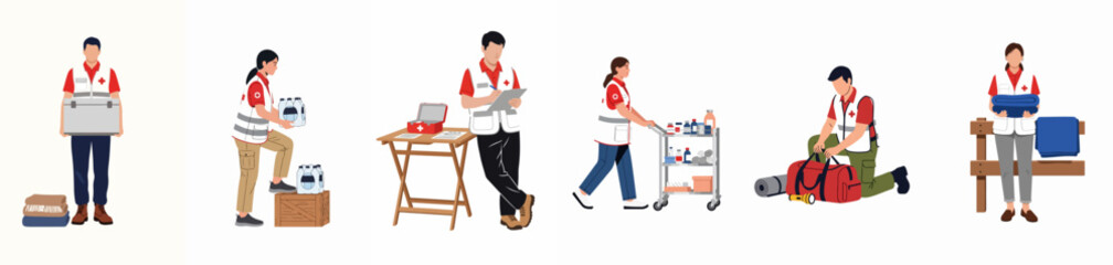 Fototapeta premium Set of humanitarian aid volunteers in red cross uniforms organizing supplies, providing medical assistance, and distribution of food and water for disaster relief.