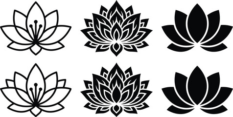 Fototapeta premium Lotus flower icons set featuring black minimalist silhouettes and ornamental vector designs on white background