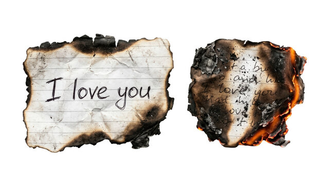 Burnt paper with love message and charred heart.