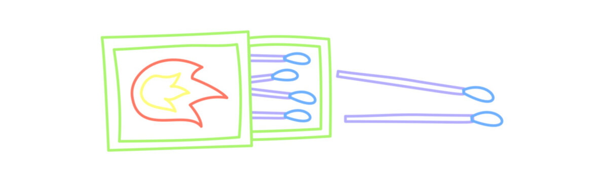 Matchbox campfire doodle in outline sketch style. Campfire and matchbox icon with green and color line highlight outdoor camp equipment as adventure element for camping themes.