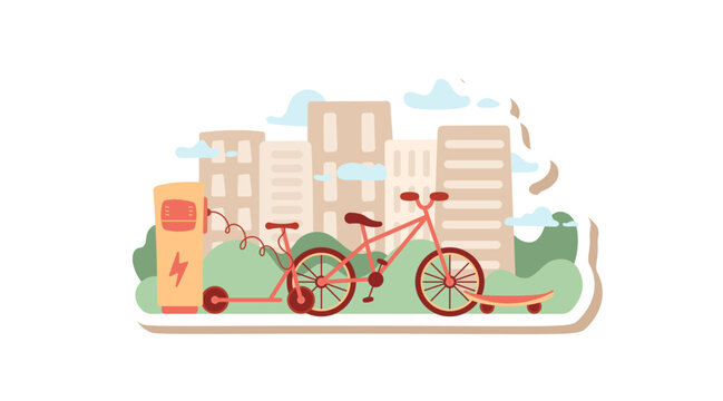 Electric transport in soft flat style sticker. Eco e and scooter as green city mobility and bicycle as friendly transport symbol. Cartoon station scene suits environment, ecology, sustainability