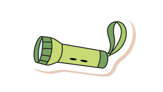 Green outdoor flashlight in doodle style icon. Colorful camping equipment and adventure label for hiking and camp travel. Ideal for adventure gear camp trip designs.