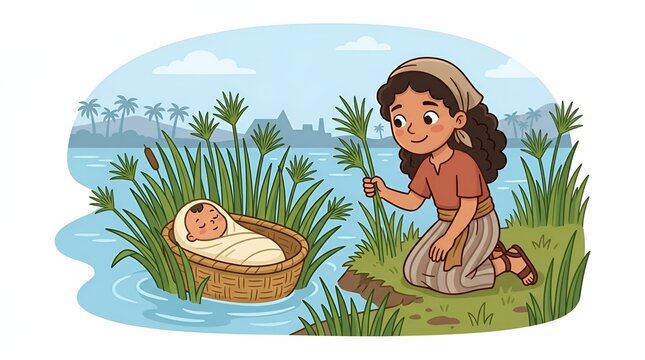 Illustration of Miriam watching over baby Moses in a basket among the reeds.