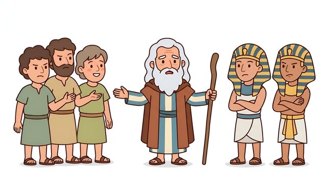 Cartoon illustration of Moses standing between Israelites and Egyptians.