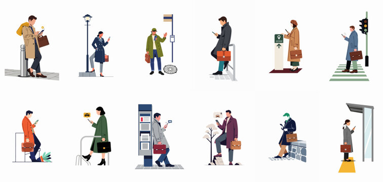 Collection of flat illustrations showing diverse commuters in business attire using smartphones while waiting for transportation in various urban settings.