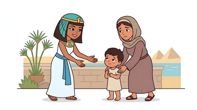 Illustration of an Egyptian princess meeting a young boy and his mother.