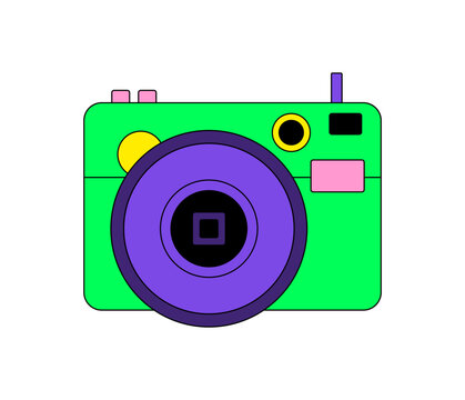 Green y2k camera in flat retro patch style with purple and trendy vintage elements. 2000s icon gives a graphic look and nostalgic feel, ideal for modern pop culture aesthetic patch design.