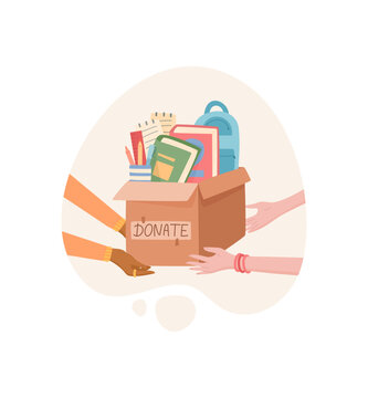 Flat charity scene with character hand and donation box. Community people give gift goods and share hope as support. Simple white background suits charity poster donate web icon use.