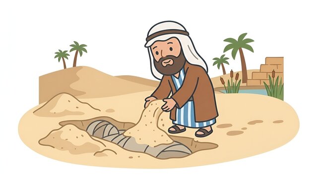 Cartoon illustration of a man burying a treasure chest in the desert.