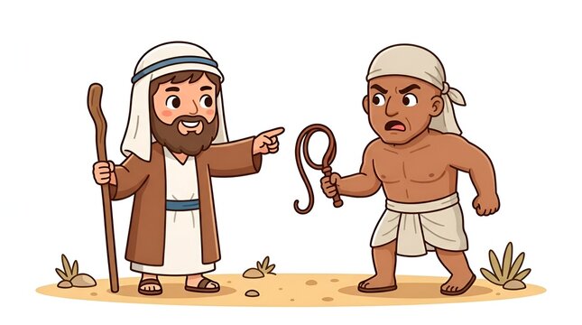 Cartoon illustration of Moses confronting an Egyptian taskmaster in the desert.