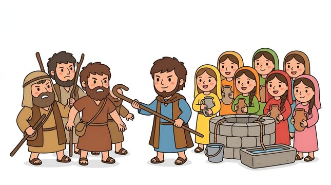 Biblical illustration of Jacob meeting Rachel at the well with shepherds.