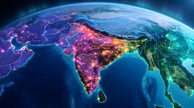 Nighttime Earth from orbit highlighting India with vibrant glowing data streams and telecommunication nodes. Concept for globalized digital economy and international cyber communication.