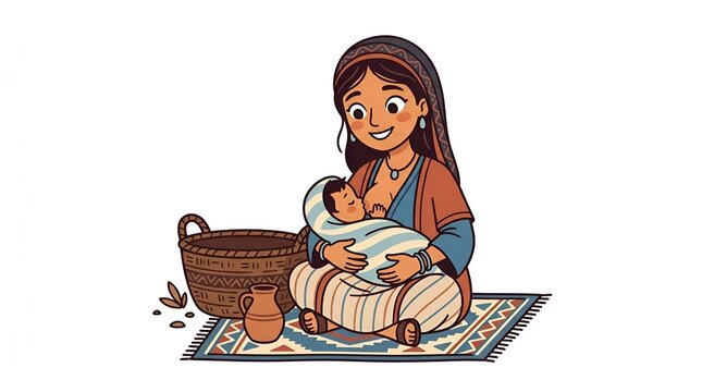 Illustration of a mother breastfeeding her newborn baby on a patterned rug.