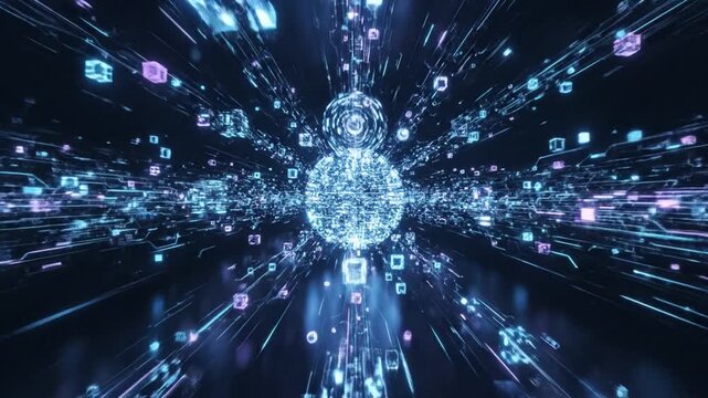 Abstract digital network data flow in a futuristic cyberspace tunnel with glowing lines and particles