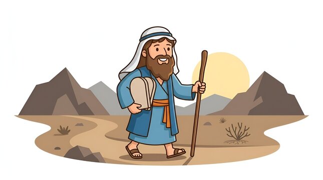 Cartoon illustration of Moses walking through the desert holding the Ten Commandments.