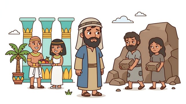 Cartoon illustration of biblical Joseph in Egypt with royalty and laborers.