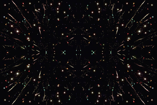 Hintergrund mit vielen leuchtenden Glitzerpunkten, Raketen und Sternen