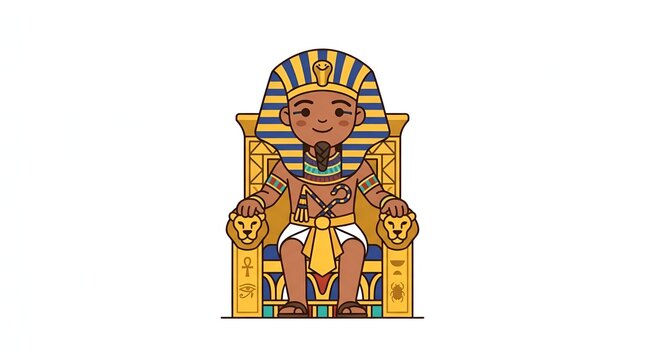Cute cartoon illustration of an Egyptian pharaoh sitting on a golden throne.