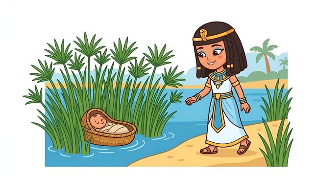 Cartoon illustration of a princess finding a baby in a basket among papyrus plants by the river.