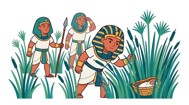 Illustration of the biblical story of baby Moses found in the reeds by Egyptian royalty.