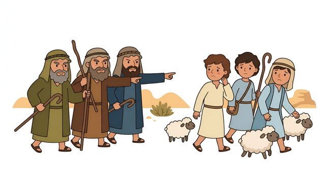 Illustration of biblical shepherds guiding young boys with sheep in a desert landscape.