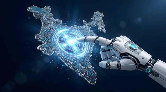 Futuristic robotic hand interacting with a high-tech circuit board map of India. Represents national artificial intelligence expansion, cybersecurity, and digital economy.