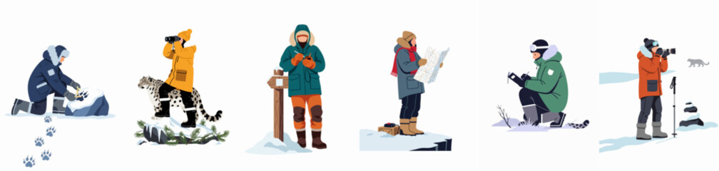 Arctic Researchers and Wildlife Photographers Studying Snow Leopards in a Snowy Environment Illustration © Rolas