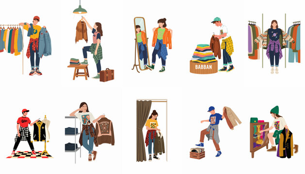 Set of young people shopping for vintage and second-hand clothing in thrift stores, showcasing various sustainable fashion styles and retail experiences.